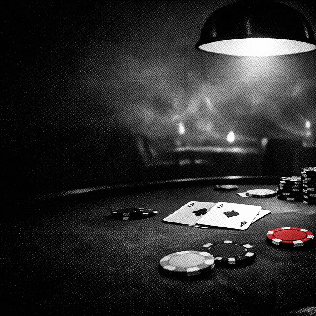 A dark poker table in the Card Lounge with a single red chip under a low lamp
