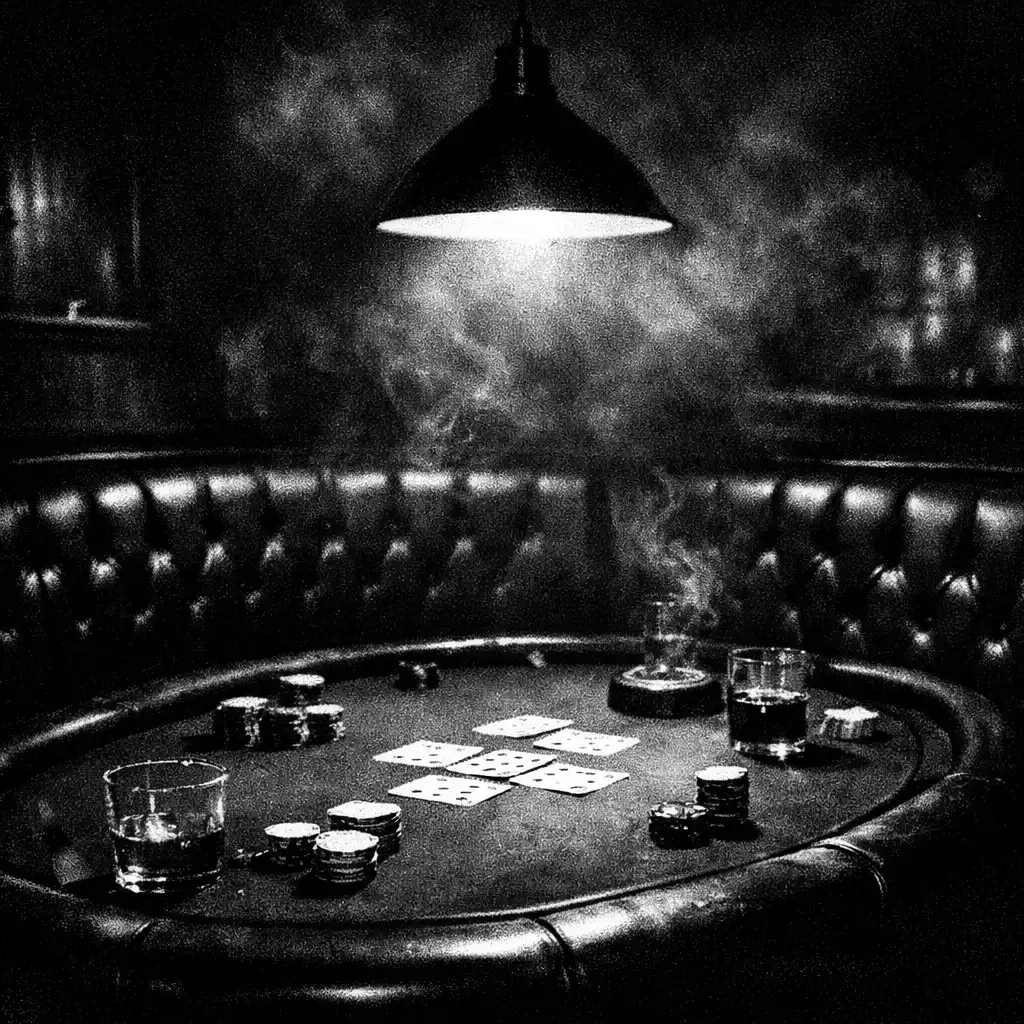 Dark, intimate card lounge at Brass & Willow with a poker table under a low pendant light