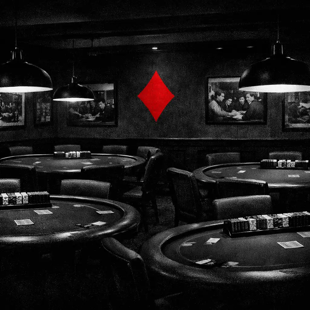 The card lounge at Brass & Willow with four poker tables under low pendant lights