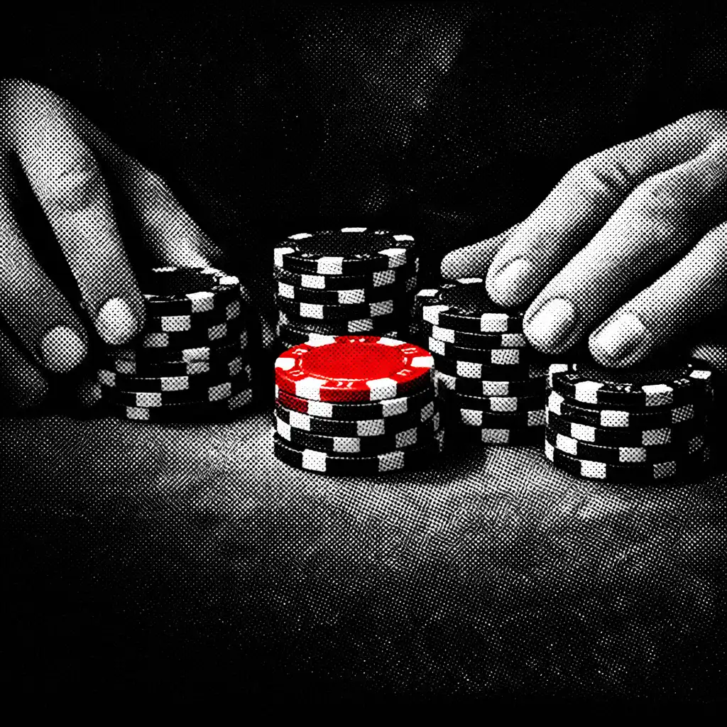 Hands arranging poker chips on a felt table, with one red chip among the black and white chips