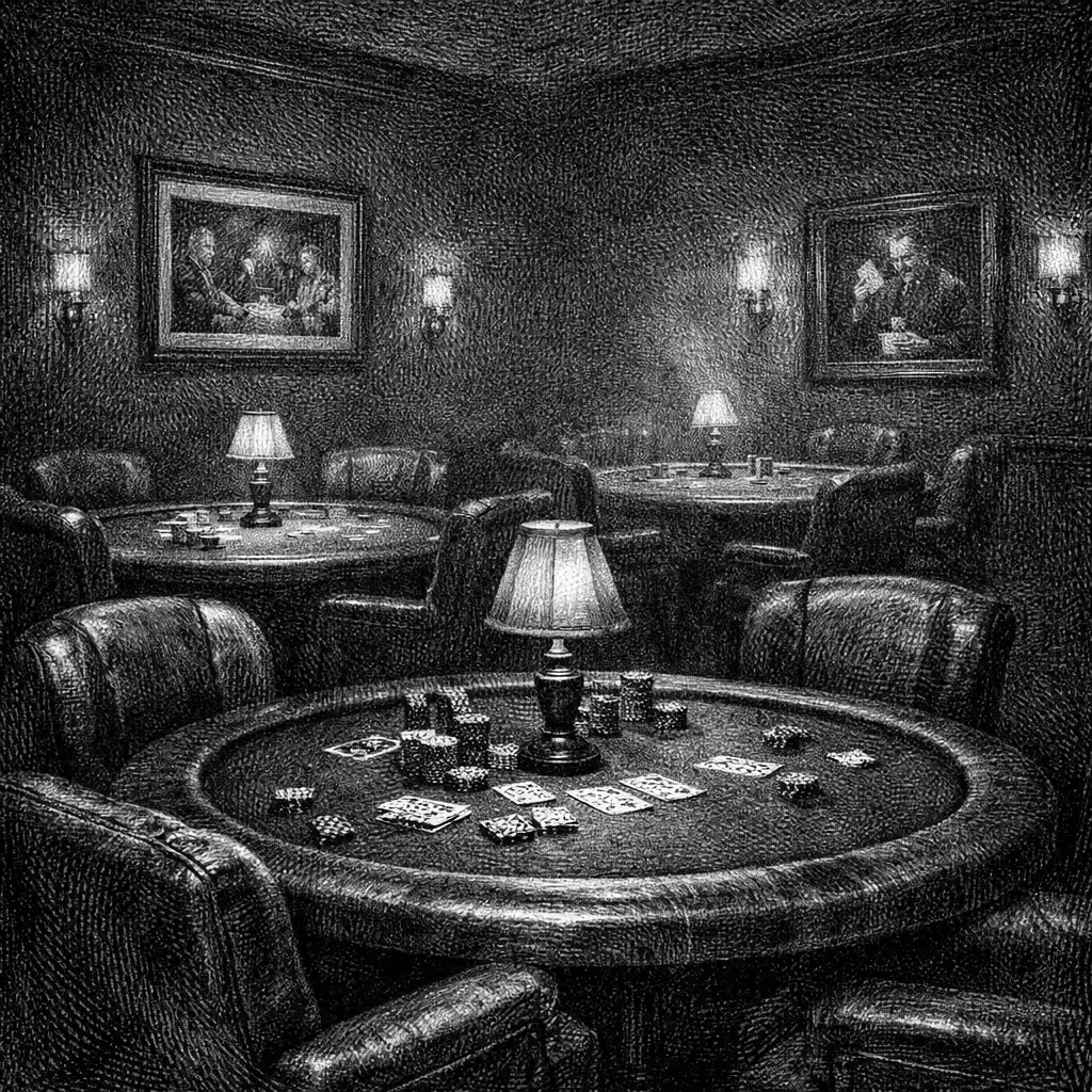 The Card Lounge interior with three poker tables, leather chairs, and low overhead lamps