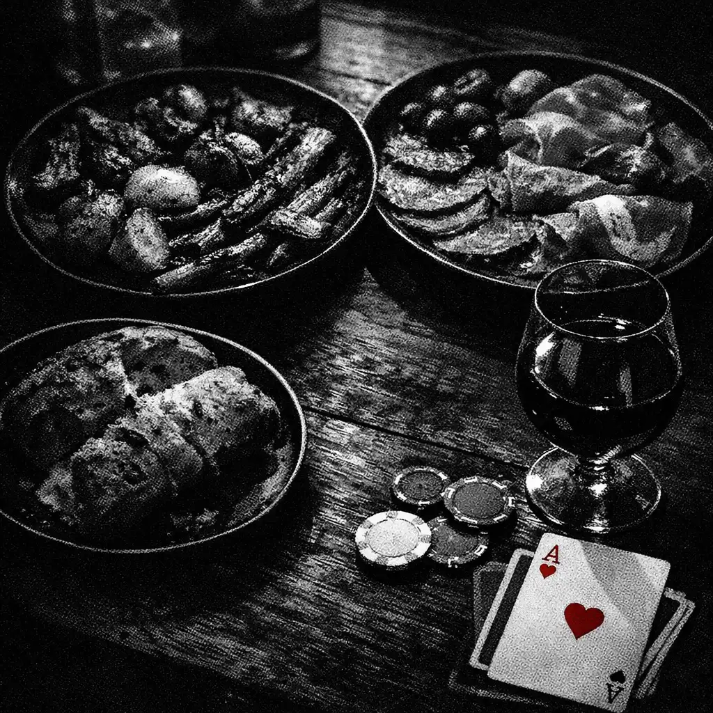 Shared plates of roasted vegetables, charcuterie, and bread on a dark table with a glass of wine and playing cards
