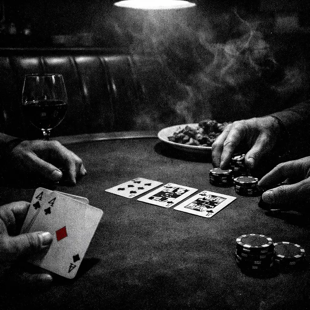 A dark poker table with hands arranging cards and chips under a single pool of light