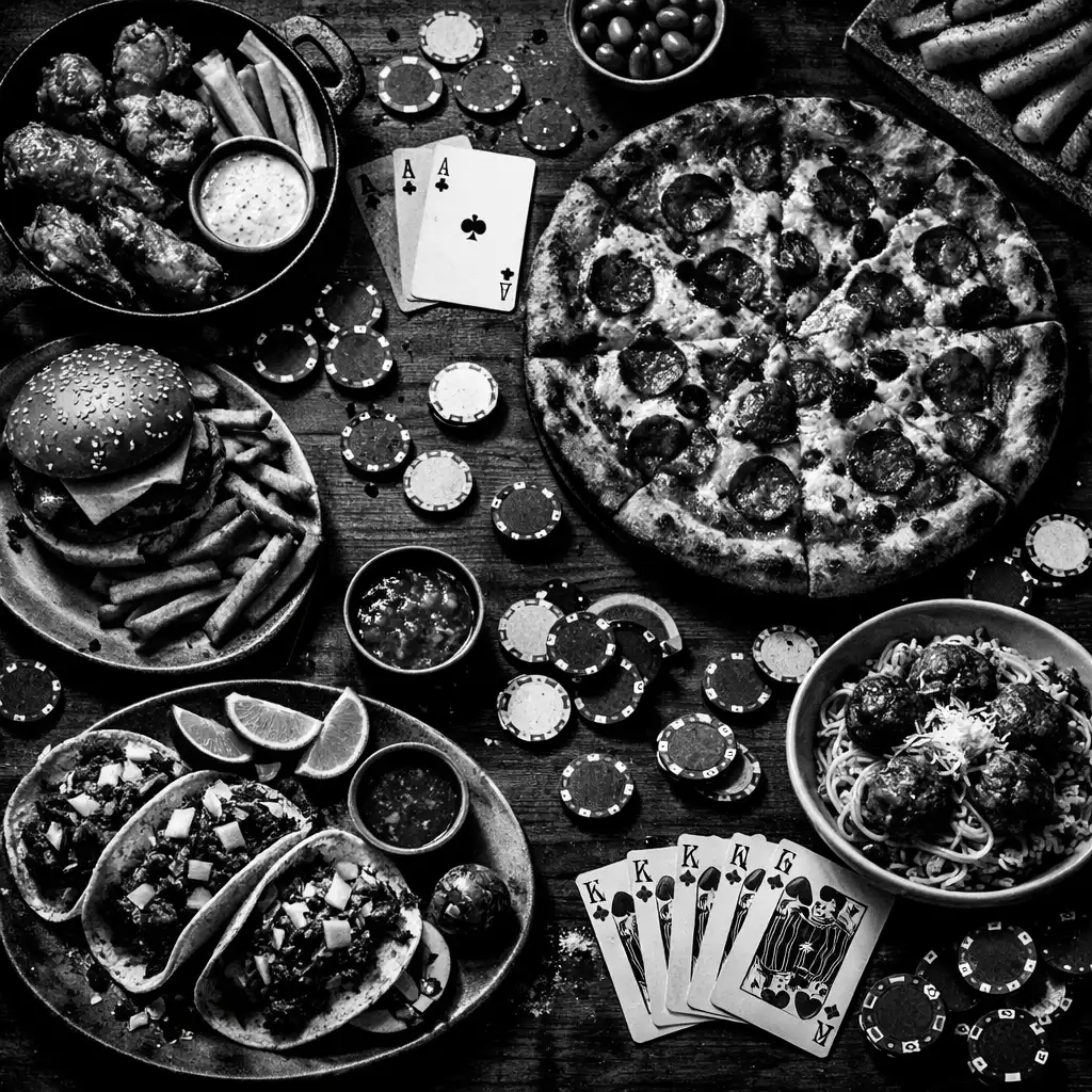 A spread of dishes on a dark wooden table with playing cards and poker chips as props