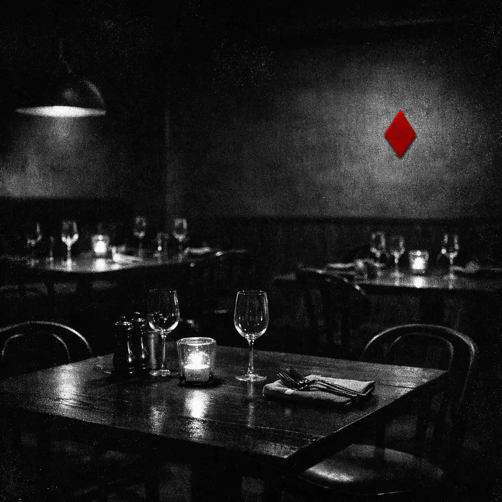 The dark dining room at Brass & Willow with a single red diamond suit symbol on the far wall