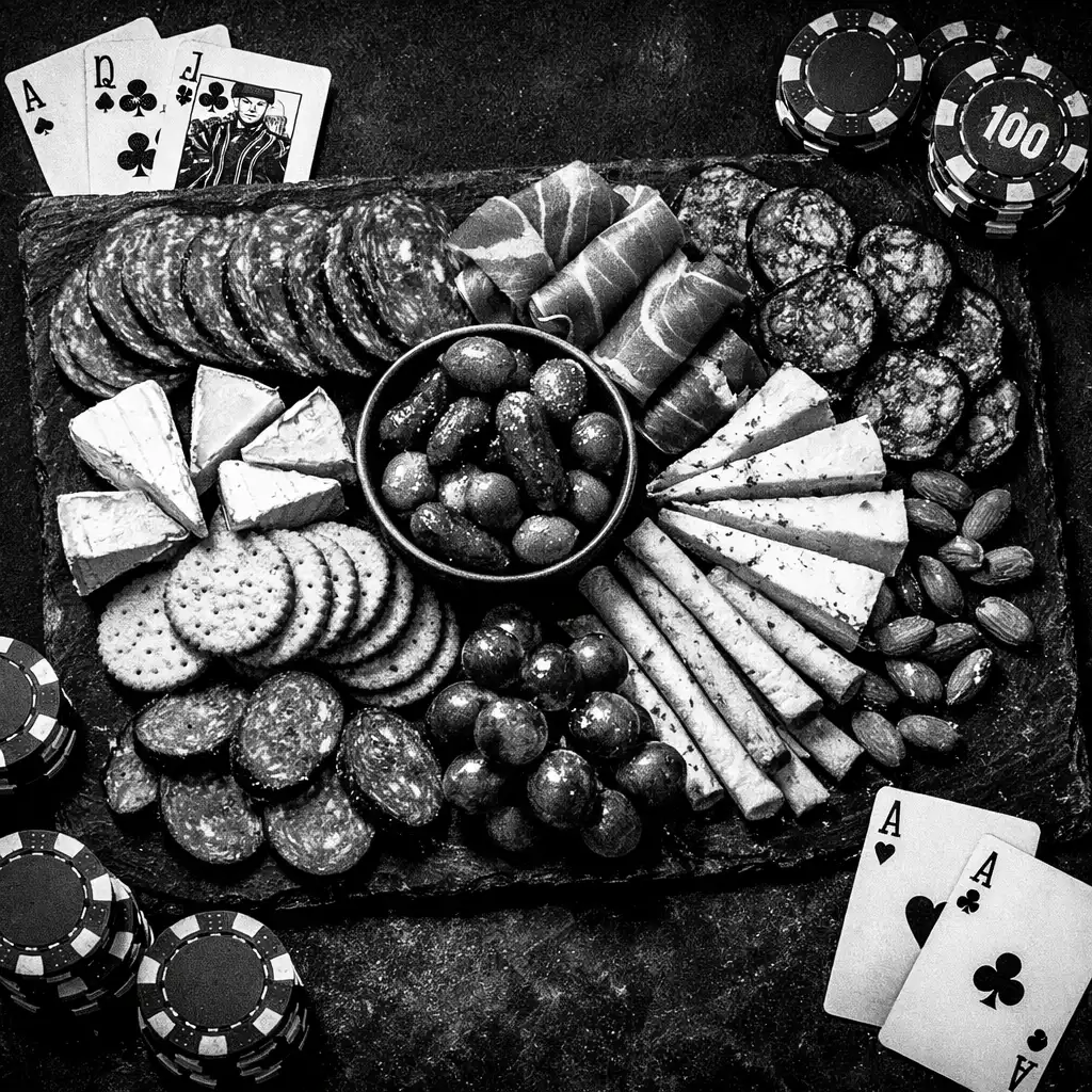 Charcuterie board with meats, cheeses, and pickles on dark slate
