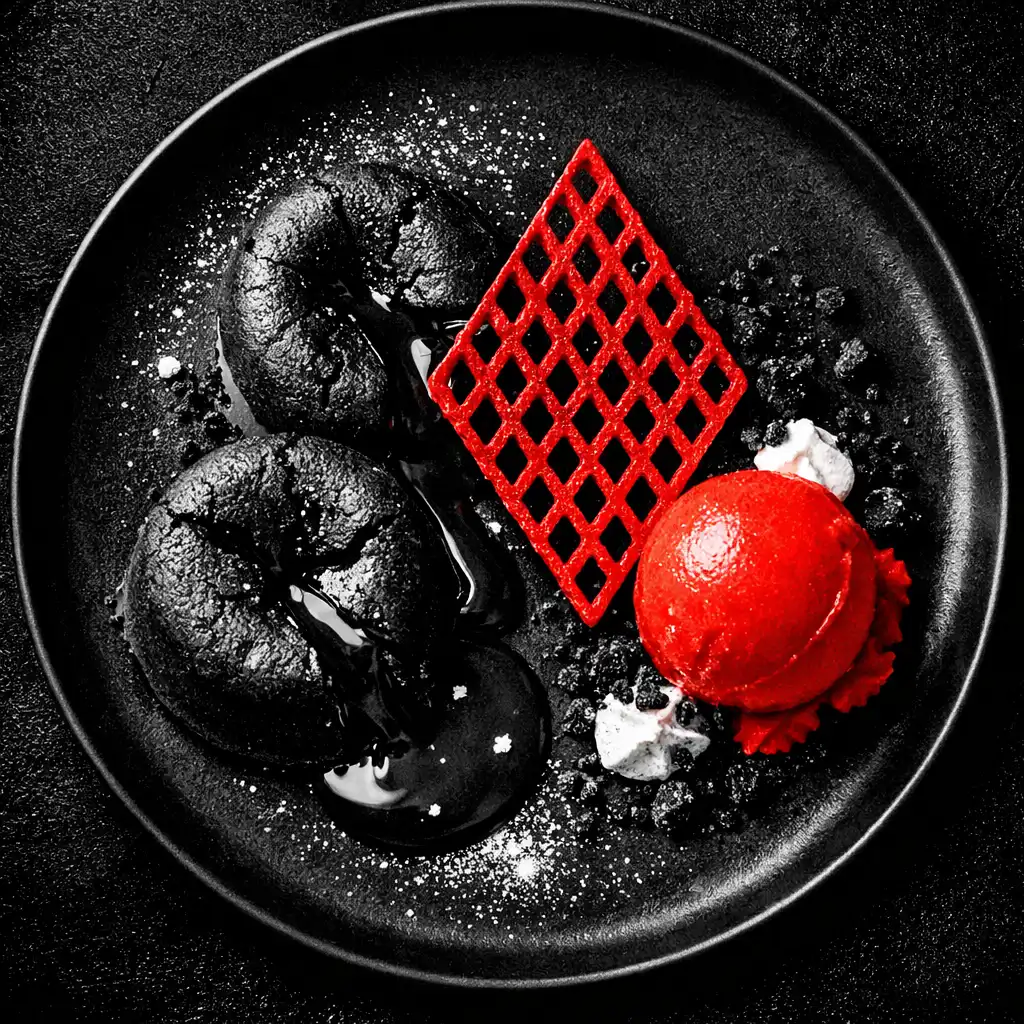 Dark chocolate fondant with blood orange sorbet and a red diamond tuile