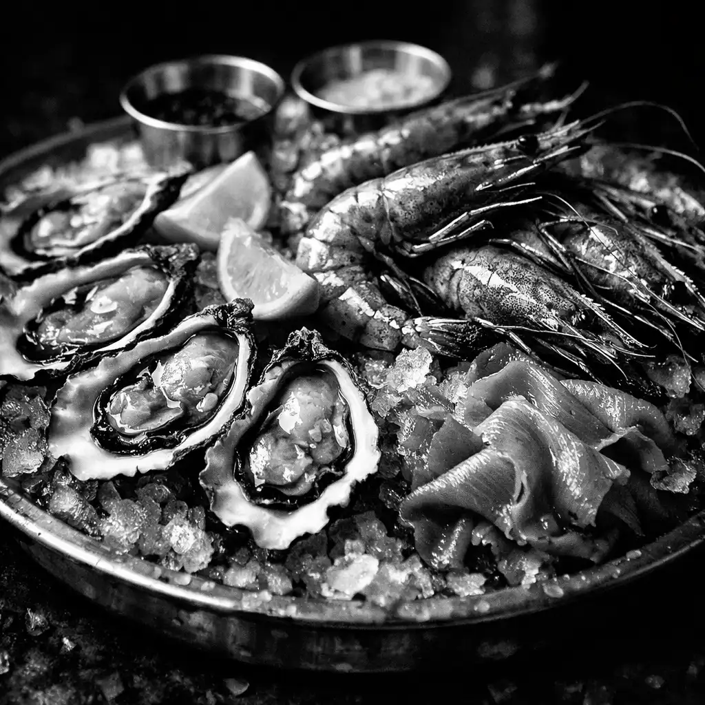 Seafood platter with oysters, prawns, and smoked salmon on ice