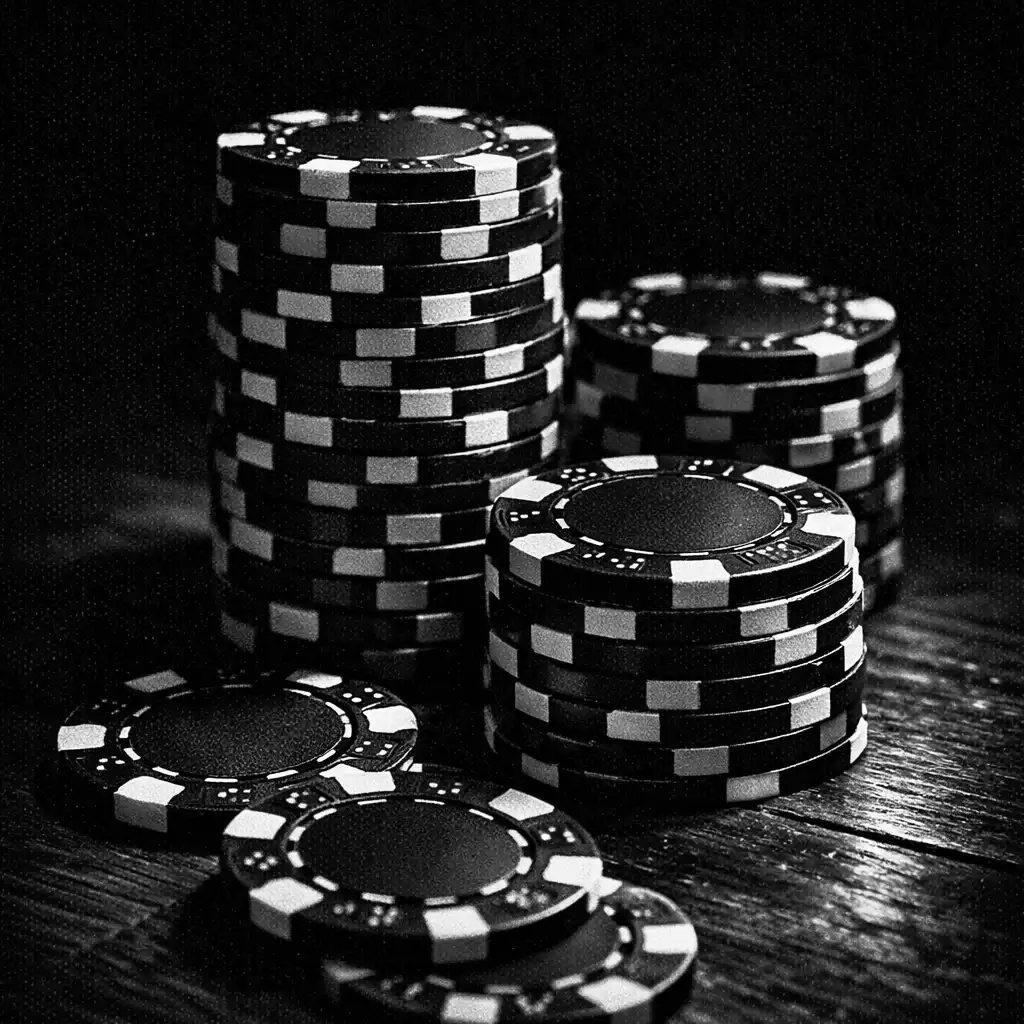 A close-up of poker chips stacked on a dark wooden table