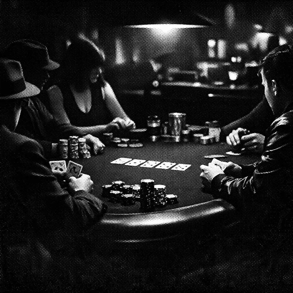A group of people seated at a poker table in a dark card lounge