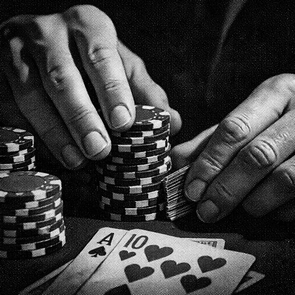Hands carefully arranging poker chips and cards on a dark table