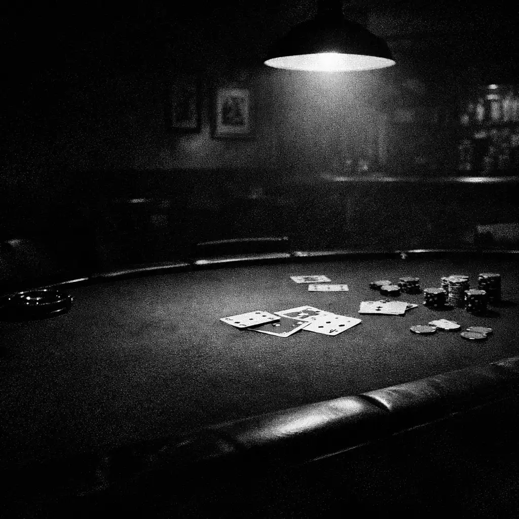 A cinematic poker table in a dark Australian restaurant, lit by a single overhead light