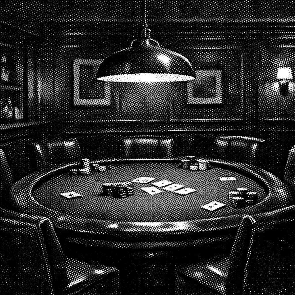A wide shot of a dedicated card lounge with a large poker table, chairs, dark wood-panelled walls, and a low-hanging light