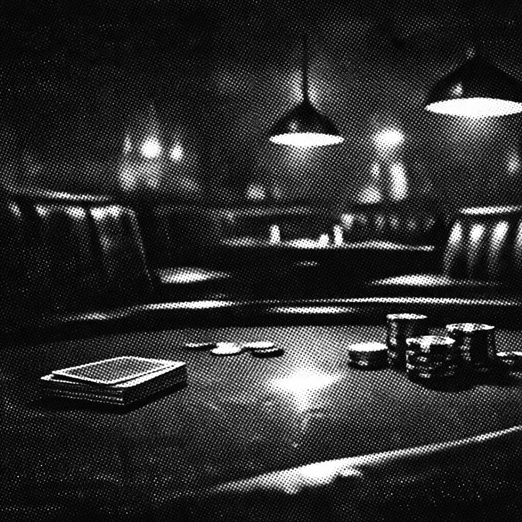 A dark, moody restaurant interior with a poker table in the foreground, leather booths and dim pendant lights in the background