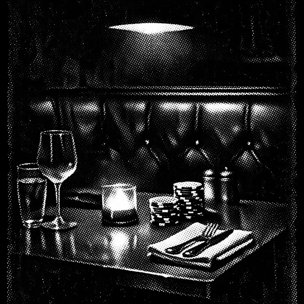 A close-up of a dark leather booth set for dinner with a few poker chips stacked on the table