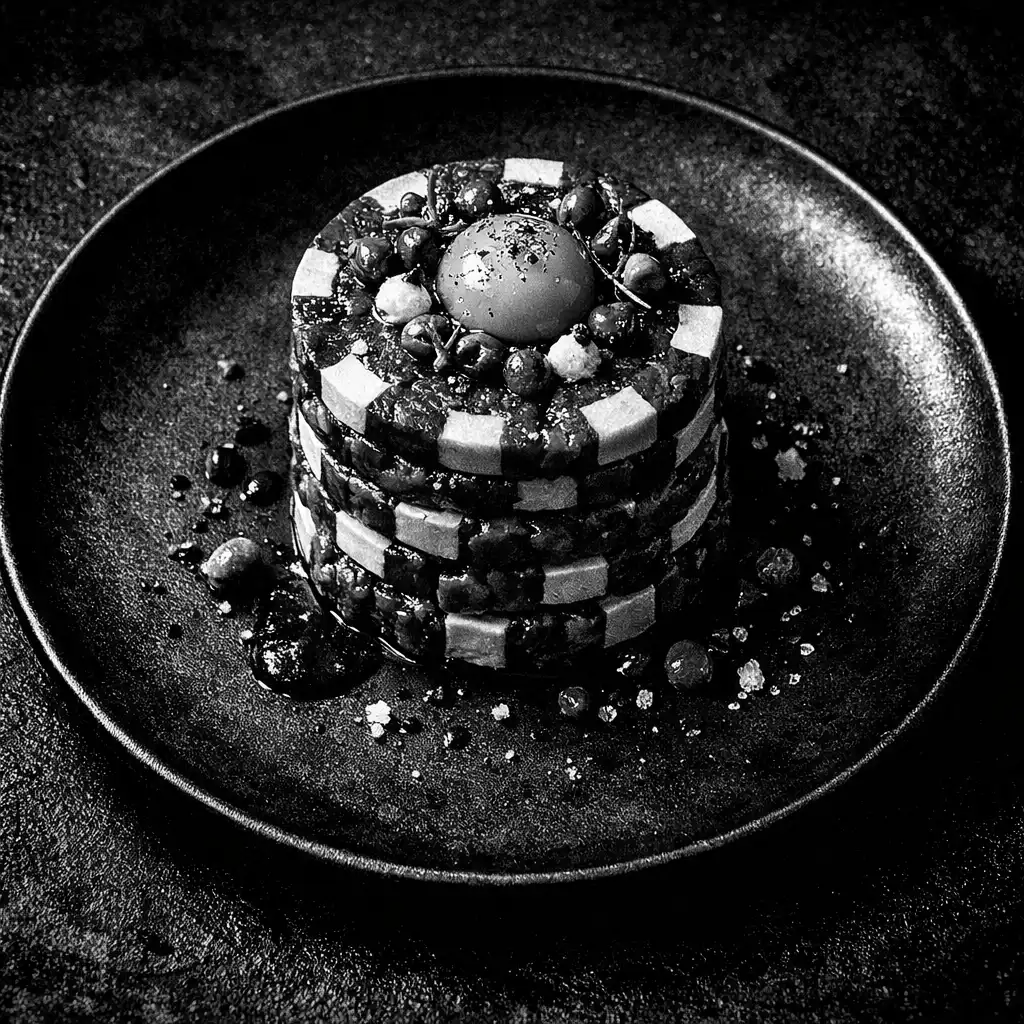 Smoked kangaroo tartare plated to resemble a stack of poker chips