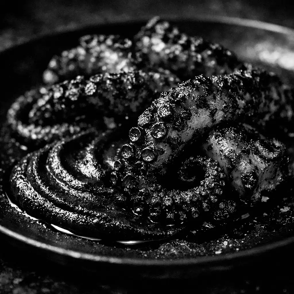Charred octopus with black garlic purée on a dark plate