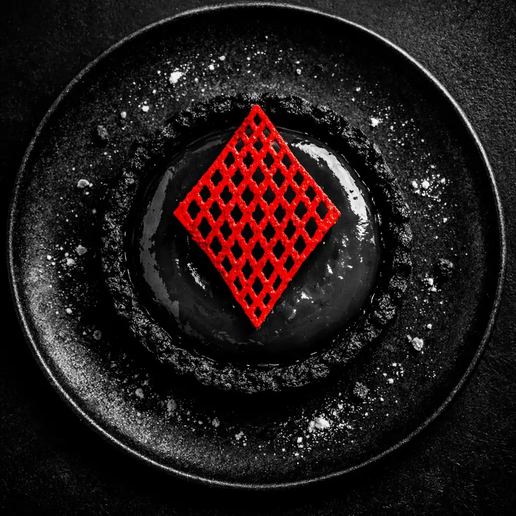 Dark chocolate tart with blood orange curd and a red diamond tuile